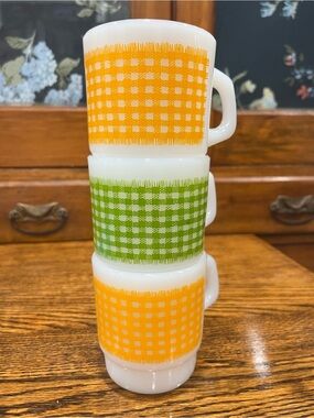 Vintage Anchor Hocking Fire-King Gingham Mugs Set of 3 - Yellow Green Milk Glass